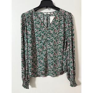 NWT UNIQLO Women's 1/4 Button Up Floral Print V-Neck Long Sleeve Top - Size M